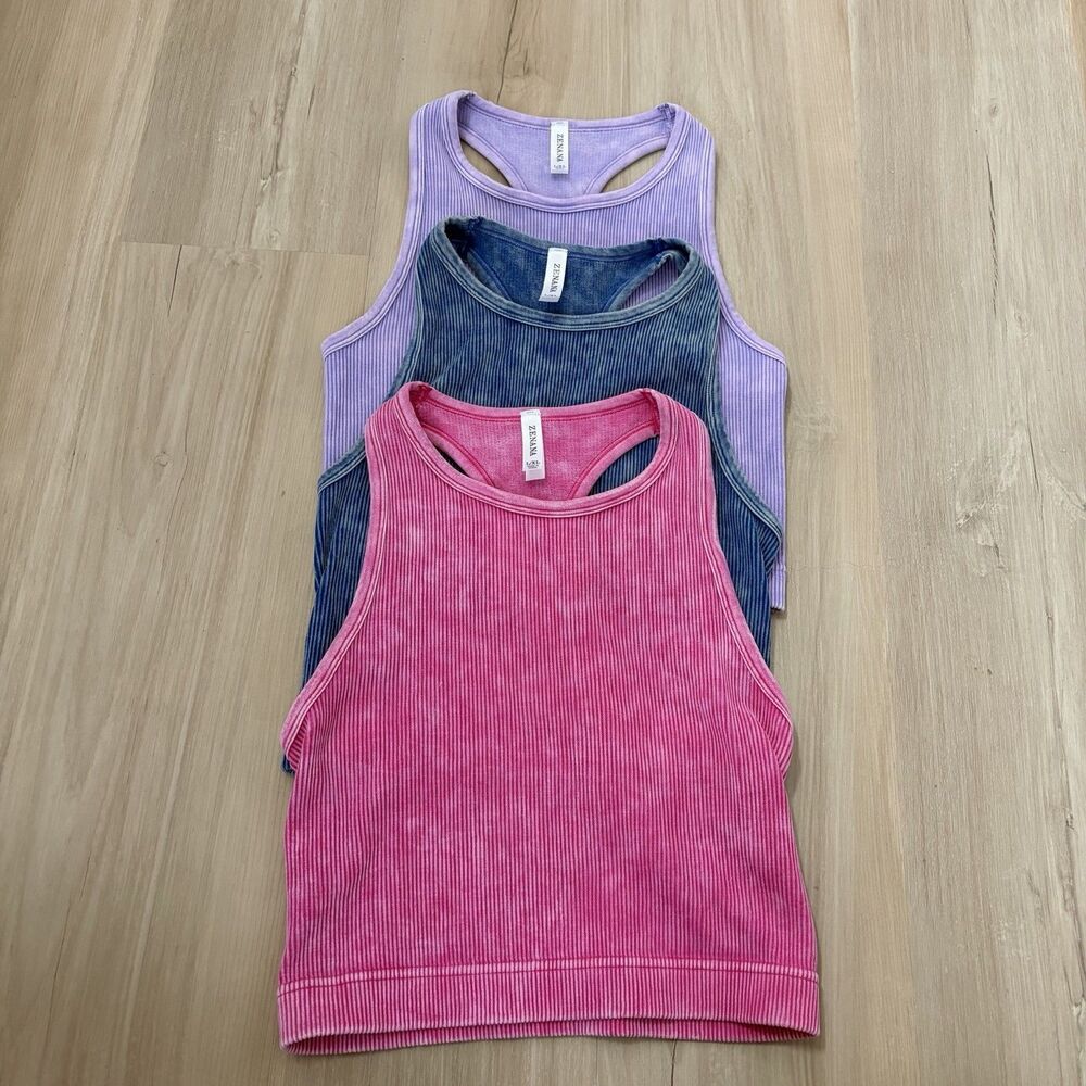 Zenana V Neck Ribbed Racerback Cropped Tank Top L/XL Pink Blue Purple Set Of 3